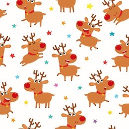 seamless pattern with cute cartoon reindeers, vector illustration on white background. illustration with different deers and stars used for magazine or book, poster and card, web pages.