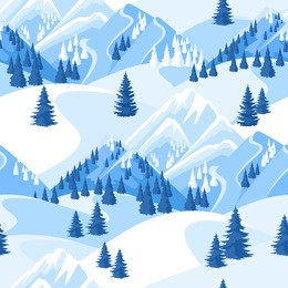 winter seamless pattern. beautiful landscape with snowy mountains and fir forest.