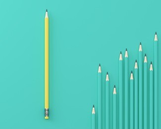 yellow pencil extract out from crowd of plenty identical green fellows on green pastel background. minimal creative concept. leadership, independence, think different, business success concept
