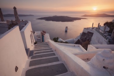 stairway to the sea and sunset, santorini, fira, greese
