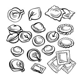 sketch hand drawn pelmeni. meat dumplings. food. cooking. national dishes. products from the dough and meat.