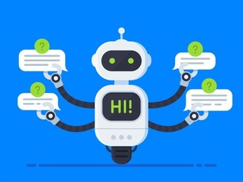 chatbot concept. bot answers questions from several users at the same time. chat bot holds speech bubbles and show hi on screen inside itself. customer service robot. vector illustration in flat style
