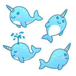 cute cartoon narwhal drawing set. funny kawaii characters vector illustration.