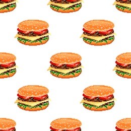 vector seamless pattern hamburger on white background, pixel art style. icon fast food. 8bit