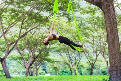  yoga  fly : young asian woman practicing aerial yoga on tree in park