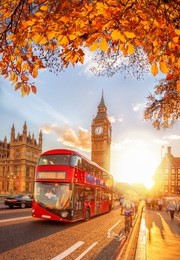 buses with autumn leaves against big ben in london, england, uk