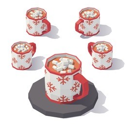 vector isometric low poly mug of hot chocolate with marshmallows. mug from different angles.
