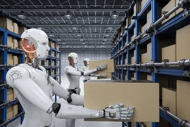 3d rendering humanoid robots carry boxes in warehouse