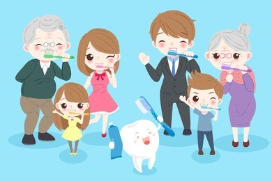 cartoon family with tooth on the blue background
