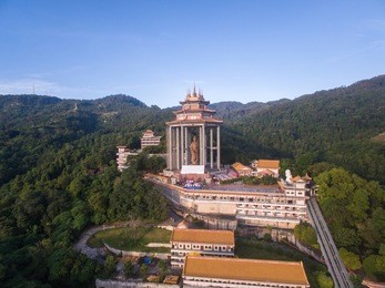 aerial drone shot of kek lok si temple in penang, malaysia