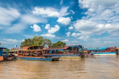 fisherman's boats on tonle sap lake in cambodia
