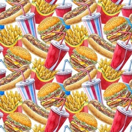 watercolor hand-drawn pattern (texture) of fast food