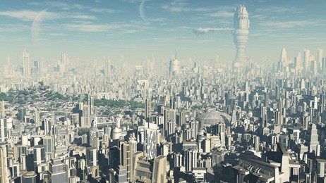 view across a futuristic sci-fi city, 3d digitally rendered illustration