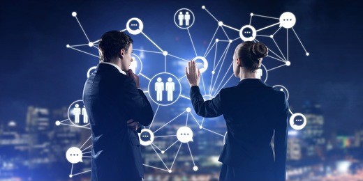 businessman and businesswoman standing with back and touching connection concept