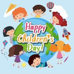 happy children's day poster with happy kids around the world illustration