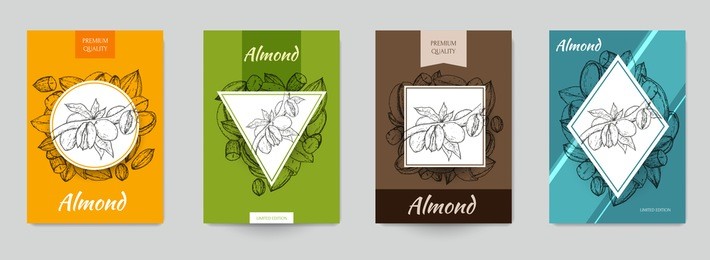 set of template for branding, cover package, identity, banner, promote, card, label with almonds in retro vintage hand drawn, sketches, engraved style. modern background. vector illustration.