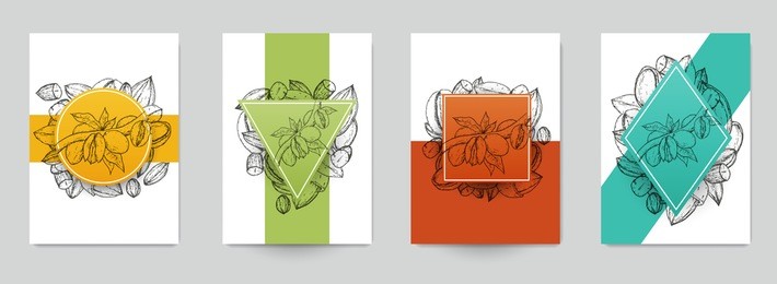 set of template for branding, cover package, identity, banner, promote, card, label with almonds in retro vintage hand drawn, sketches, engraved style. modern background. vector illustration.