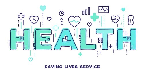 vector creative illustration of health green word lettering typography with line icons and tag cloud on white background. health care concept. thin line art style design for medical web banner