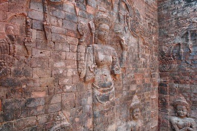 reliefs at prasat kravan, it is a small 10th century hindu temple in angkor archeological park dedicated to vishnu.
