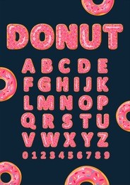 font of donuts. bakery sweet alphabet. inscription donut. letters and numbers with pink glaze. vector poster