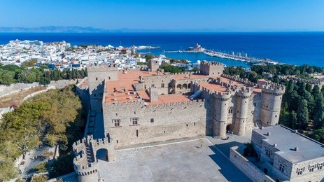 aerial drone photo of the palace of the grand master in rhodes, greece