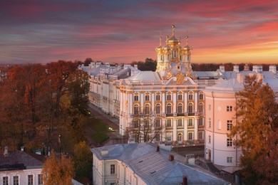 rooftop autumn view on the catherine palace and park in tsarskoye selo (also known as pushkin) at sunset