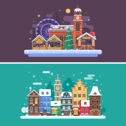 europe town backgrounds with european houses and winter market. snow city streets and christmas fair flat landscape banners with traditional buildings, cathedral, xmas tree and souvenir shops.