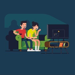 young adult couple laughing at tv screen watching comedy show or funny family film. flat vector character design on recreation