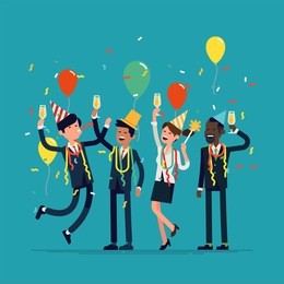 corporate party vector flat design illustration with cheerful business team celebrating. ideal for corporate anniversary or happy new year party graphic and web design