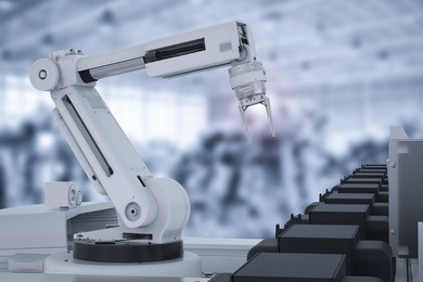 3d rendering robot arm working in factory