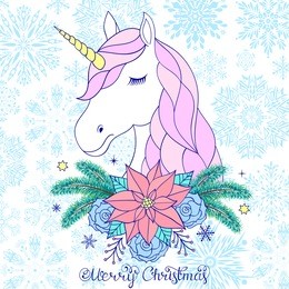 head of hand drawn unicorn with floral wreath on white background.christmas card.vector illustration.