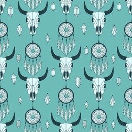 tribal seamless pattern with skulls of animals, crystals and traps for dreams, hand drawn background. decorative ethnic ornament, wallpaper vector. colorful backdrop, good for printing