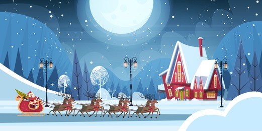 santa riding in sledge with reindeers, merry christmas and happy new year greeting card winter holidays concept banner flat vector illustration