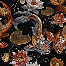 embroidery vintage koi fish and water lily seamless pattern, japanese pattern. classical embroidery koi carp, pink and white lotuses and water lilies, vintage template clothes, t-shirt design