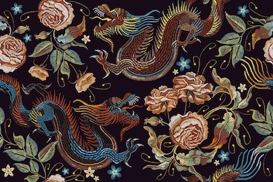 embroidery vintage chinese dragons and flowers peonies seamless pattern. classical embroidery asian dragons and beautiful peonies seamless pattern. art dragons t-shirt design. clothes, textile art