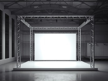 modern metal stand with white banner in the exhibition hall. 3d rendering