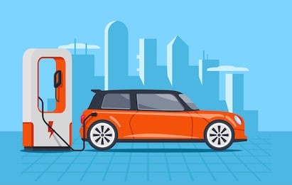 electric car recharging on electric fuel station, concept vector illustration on blue city silhouette background