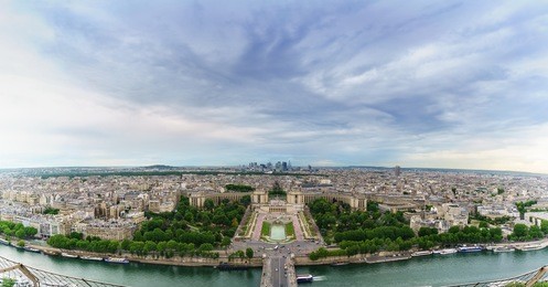 panoramic image of beautiful cityscape of paris viewing palais de chaillot from the eiffel tower ,  france