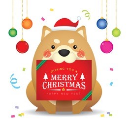 cute cartoon dog with christmas greetings card and christmas balls isolated on white background. vector illustration.