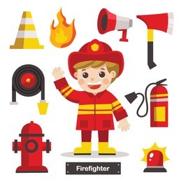 set of characters of profession firefighter with fire safety equipments. firefighter 