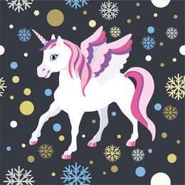 unicorn on winter background with snowflakes. winter card with cute unicorn . cartoon hand drawn unicorn.  vector illustration. 