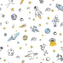 vector colorful doodle space seamless pattern with space objects. space ships, rocket, planets, flying saucers, astronauts, stars, comets, ufo etc. hand drawn style.