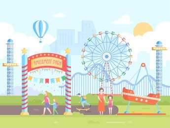 amusement park - modern flat design style vector illustration on urban background. cityscape with attractions, big wheel, roller coaster, people. hot air balloon, sun in the sky. entertainment concept
