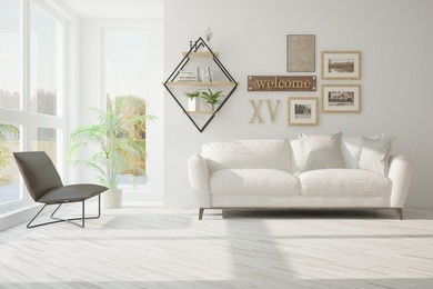 idea of white room with sofa and summer landscape in window. scandinavian interior design. 3d illustration