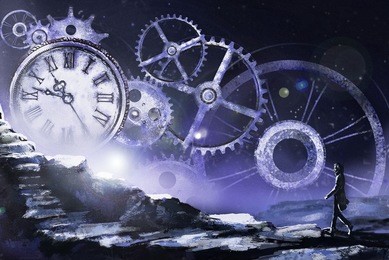 fantastic illustration with clock and mechanism, stars. man going on rock. fantasy surrealism, painting landscape. steam punk. blue background