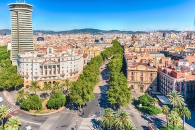 scenic aerial view of la rambla, tree-lined pedestrian mall and popular tourist sight in barcelona, catalonia, spain