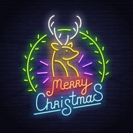 deer neon sign. night party. happy merry christmas. neon sign, bright signboard, light banner.
