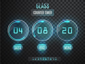 glass counter timer. transparent vector countdown timer isolated on transparent background. neon glow on a dark background. countdown website vector template digital clock timer background