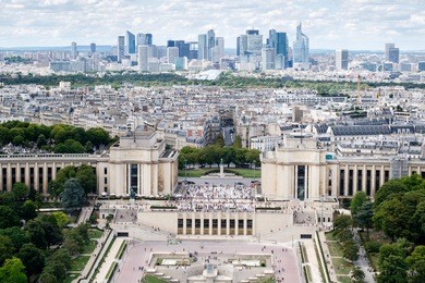 aerial view of trocadero , the palais de chaillot and the business district of la defense in paris