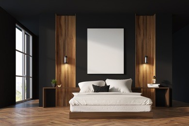 luxury bedroom interior with black and wooden walls, a vertical framed poster hanging above a double bed and two beautiful bedside tables. 3d rendering mock up